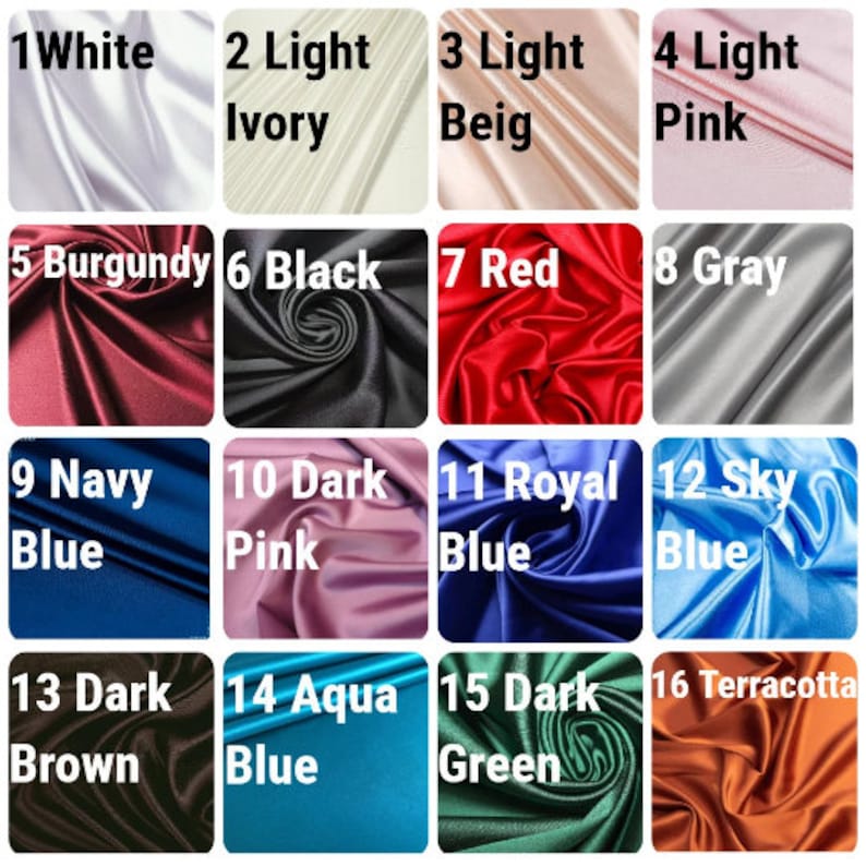 May include: A swatch card showing 16 different colors of satin fabric. The colors are: white, light ivory, light beige, light pink, burgundy, black, red, gray, navy blue, dark pink, royal blue, sky blue, dark brown, aqua blue, dark green, and terracotta.