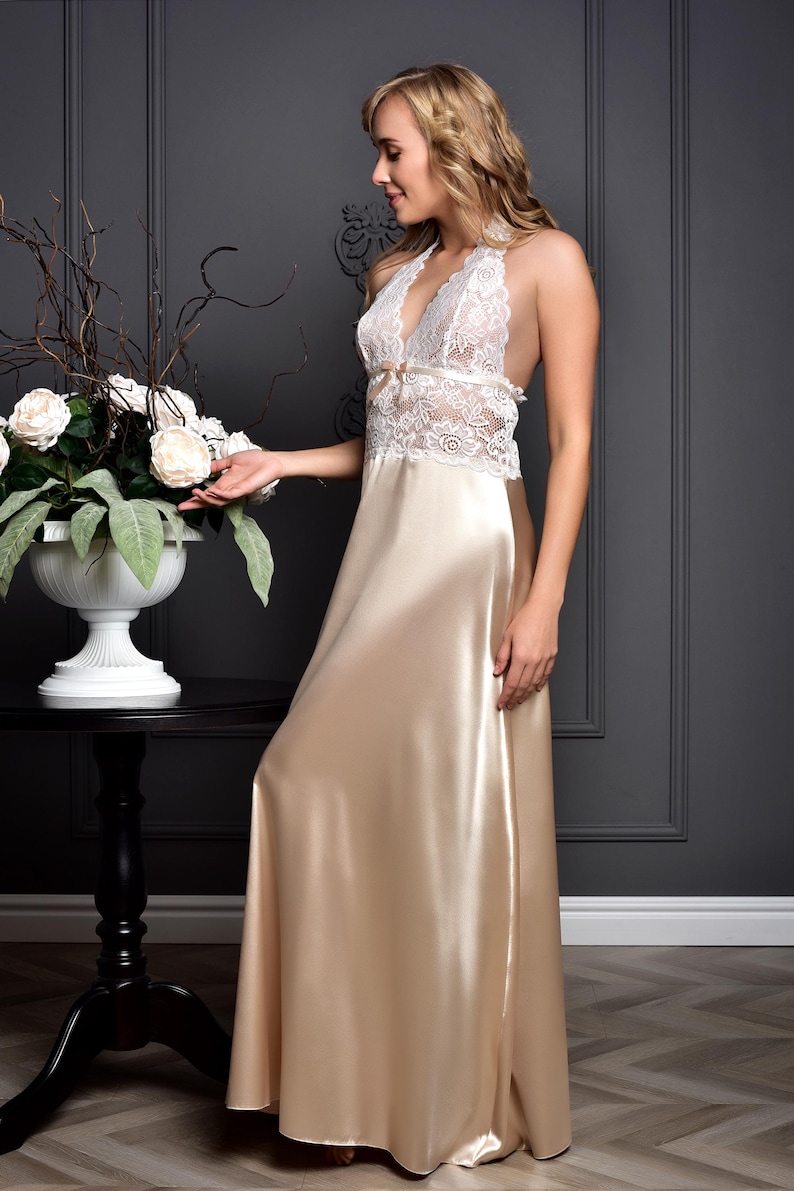 Ivory honeymoon lingerie Wedding long nightgown Bridal satin lace nightgown Sexy open back peignoir Bridal lingerie wedding night 3 with white lace