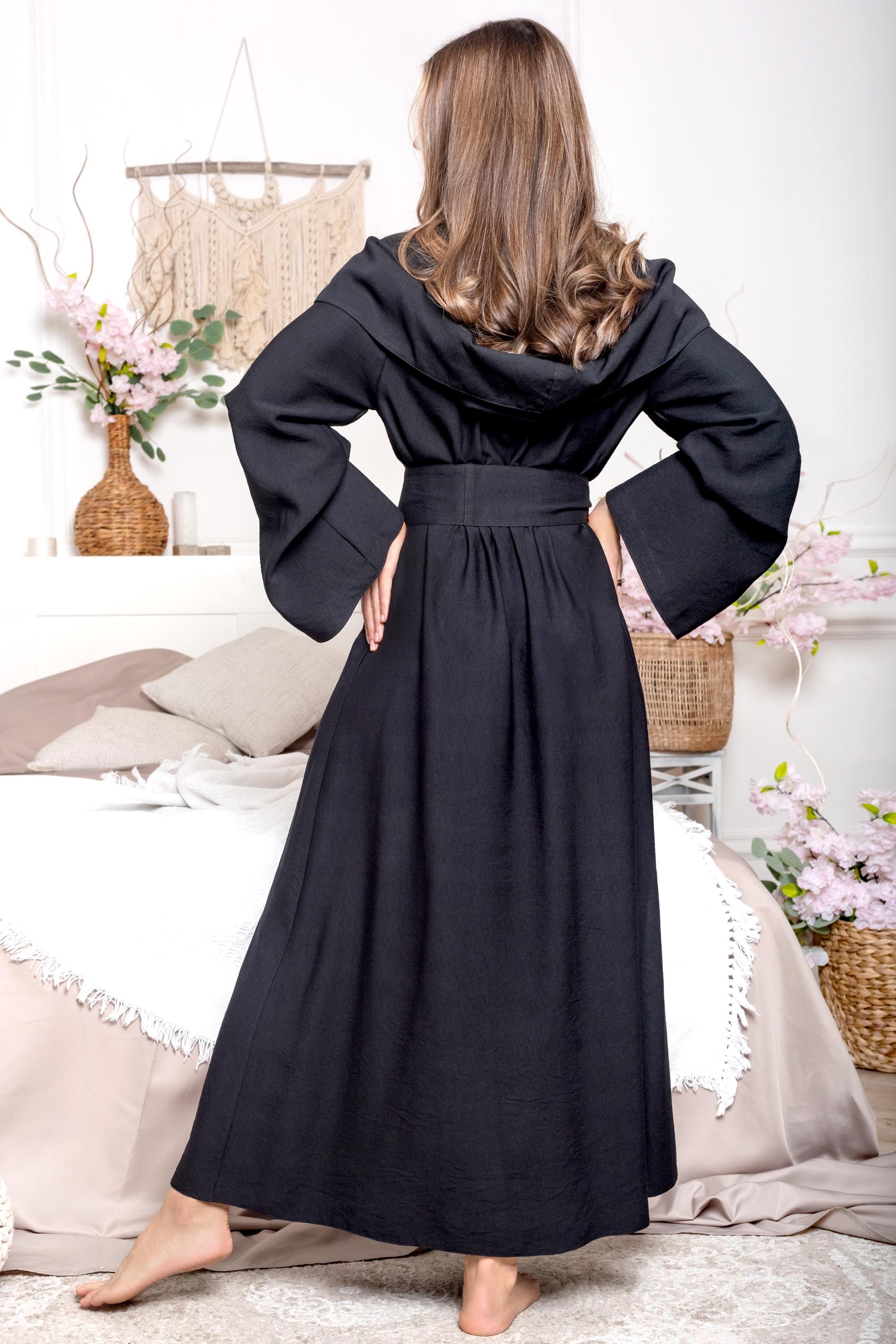 Black Long Hooded Viscose Robe Floor Length Kimono Cloak Maxi Spa Rayon ...