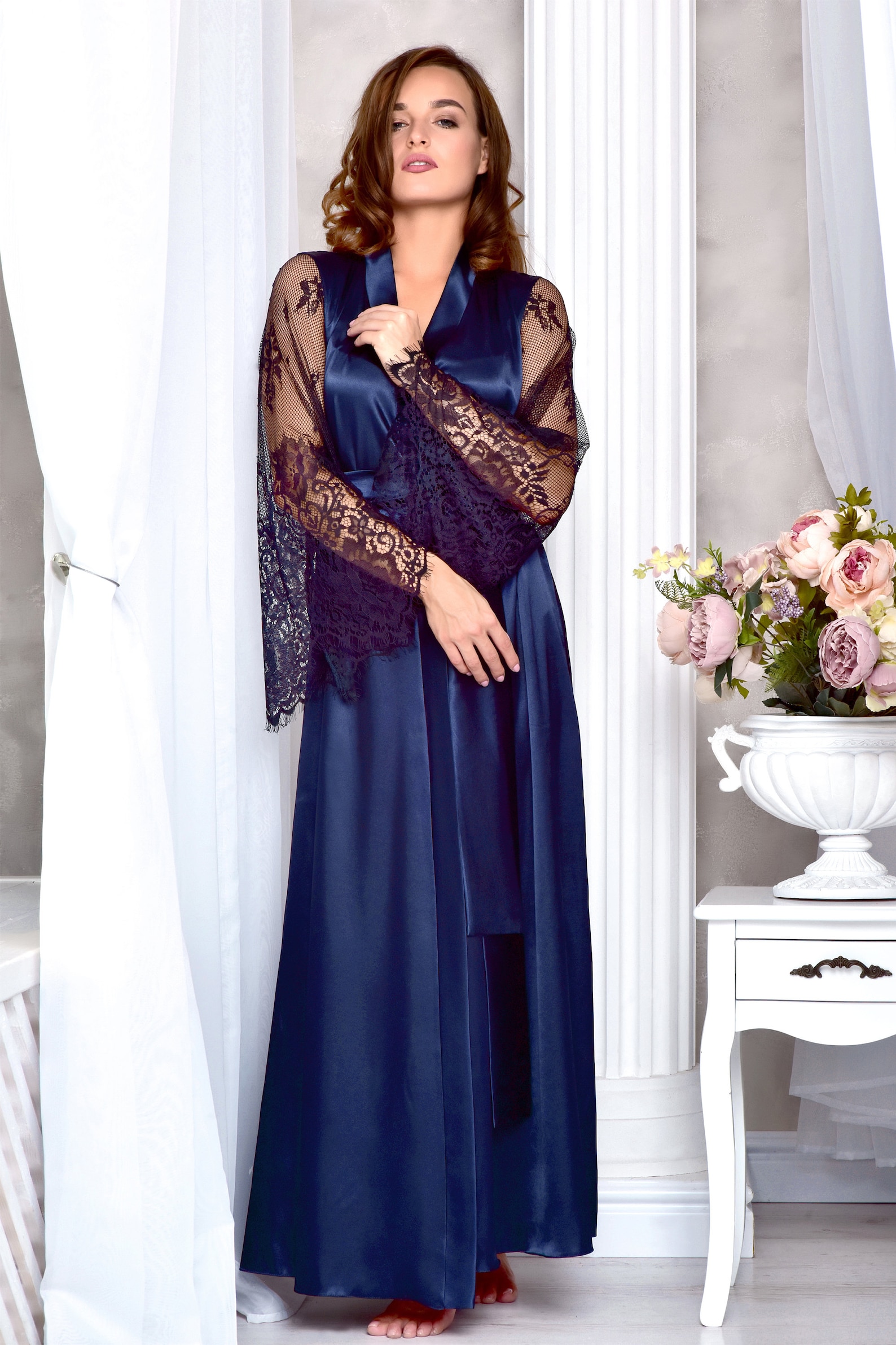 Navy Blue Long Lace Robe Mothers Day Gift From Daughter or Son - Etsy