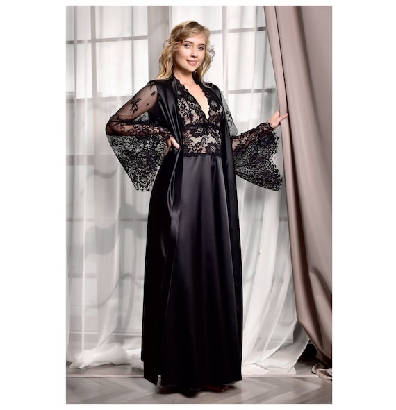 Satin Sleepwear Women Black Long Nightgown Honeymoon Lingerie for