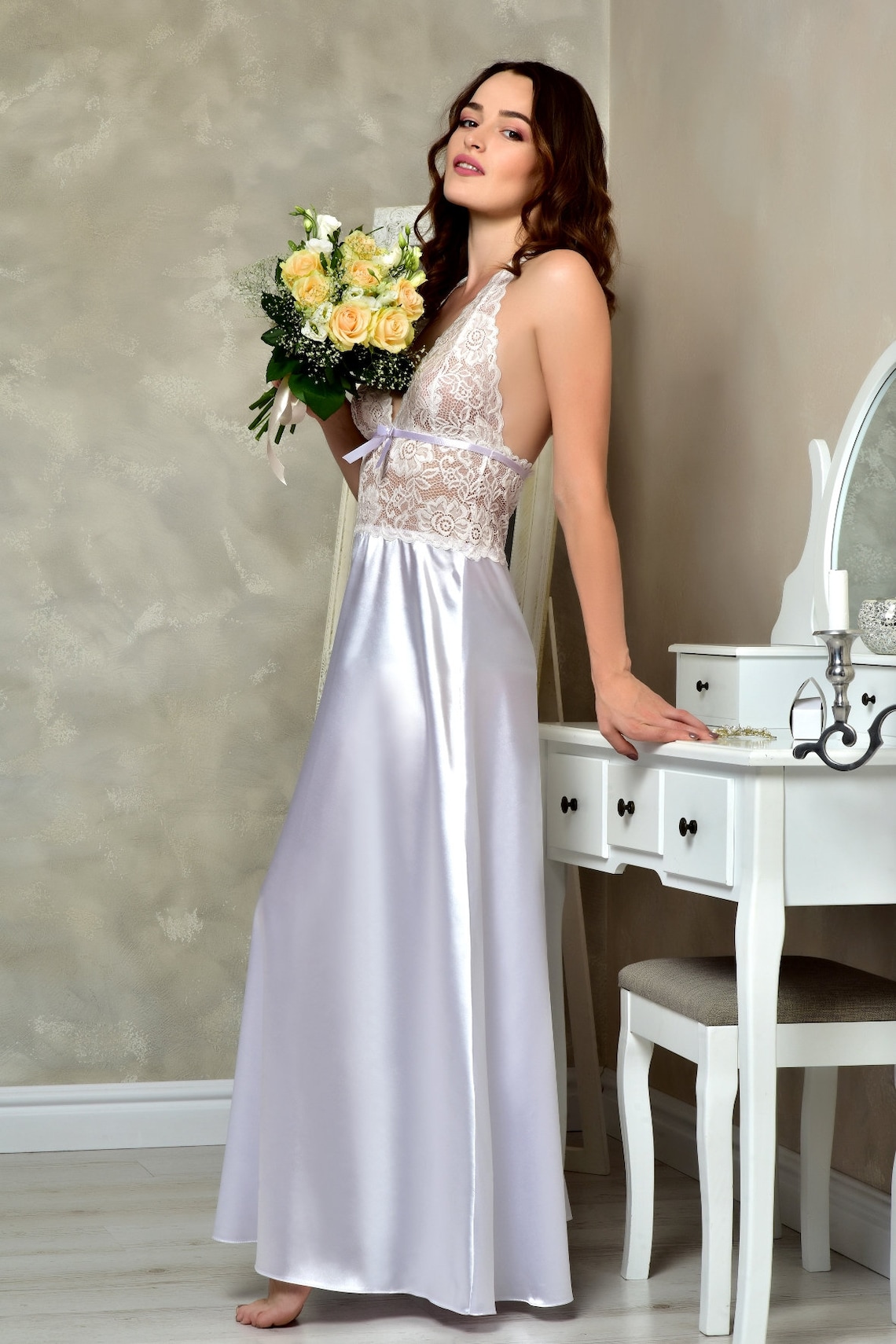 White Bridal Satin Peignoir Set Long Lace Robe and Nightgown - Etsy ...