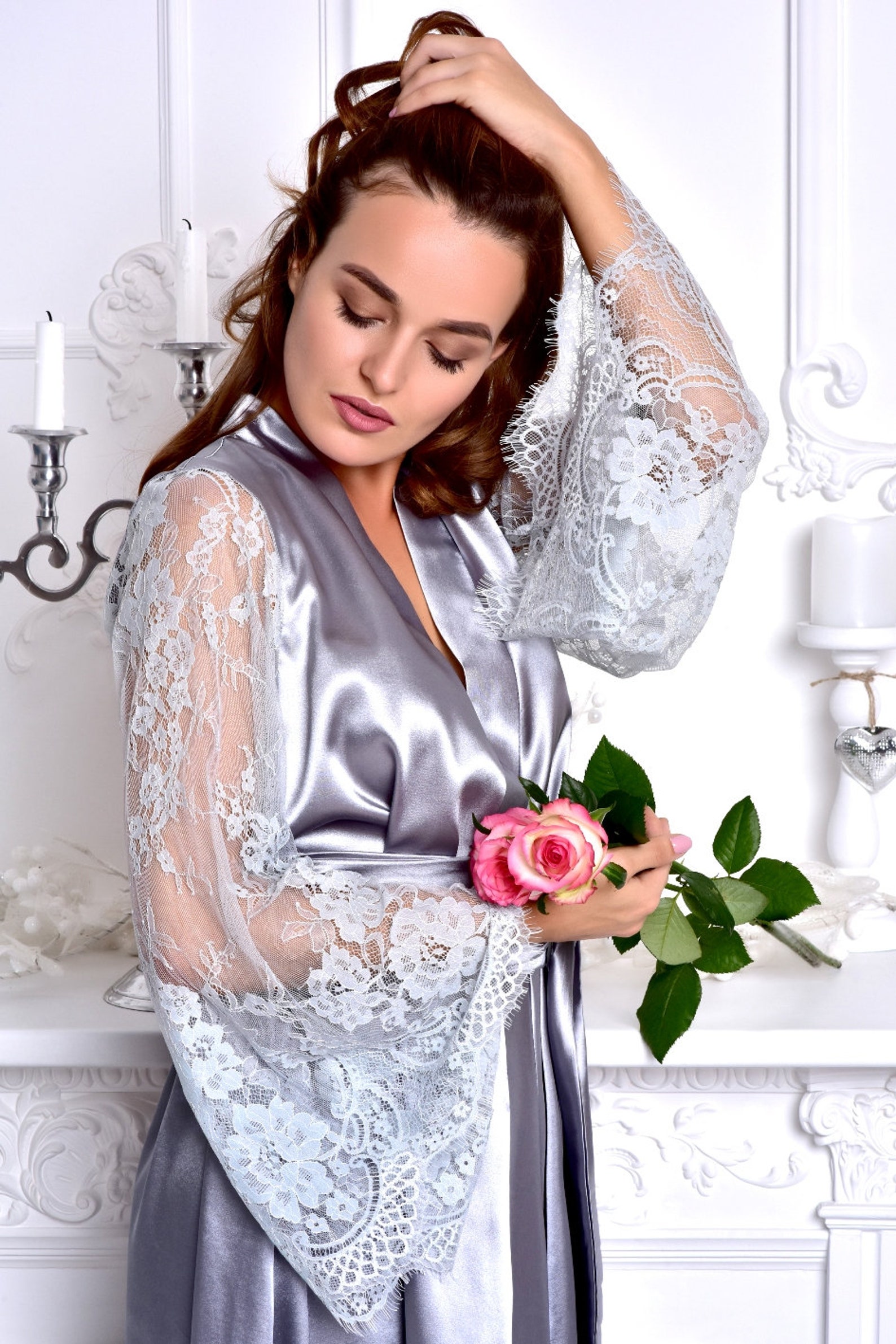 Gray Long Bridal Robe Bridesmaid Kimono Robe Satin Bridal Dressing Gown ...