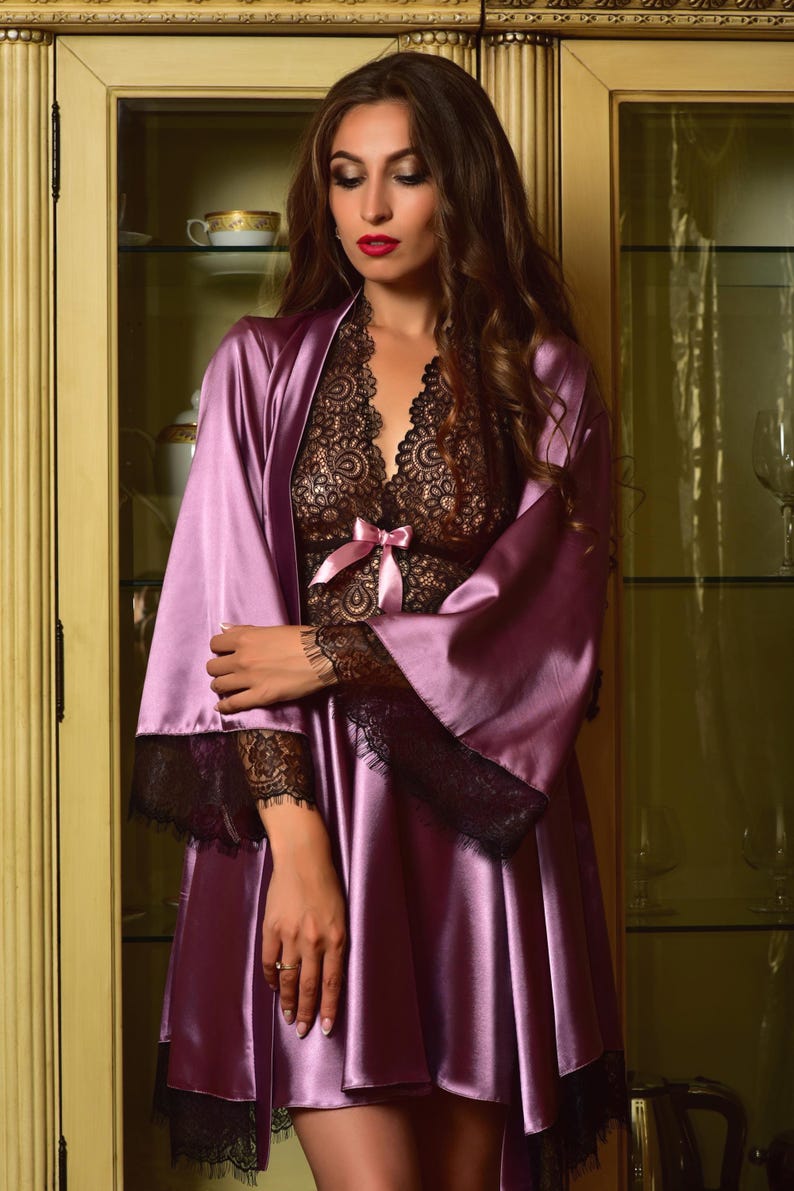Peignoir set Bridal lingerie wedding night Satin nightgown Kimono robe Lace robe Bridesmaid robes Bridal nightgown Wedding night lingerie 10 with black lace