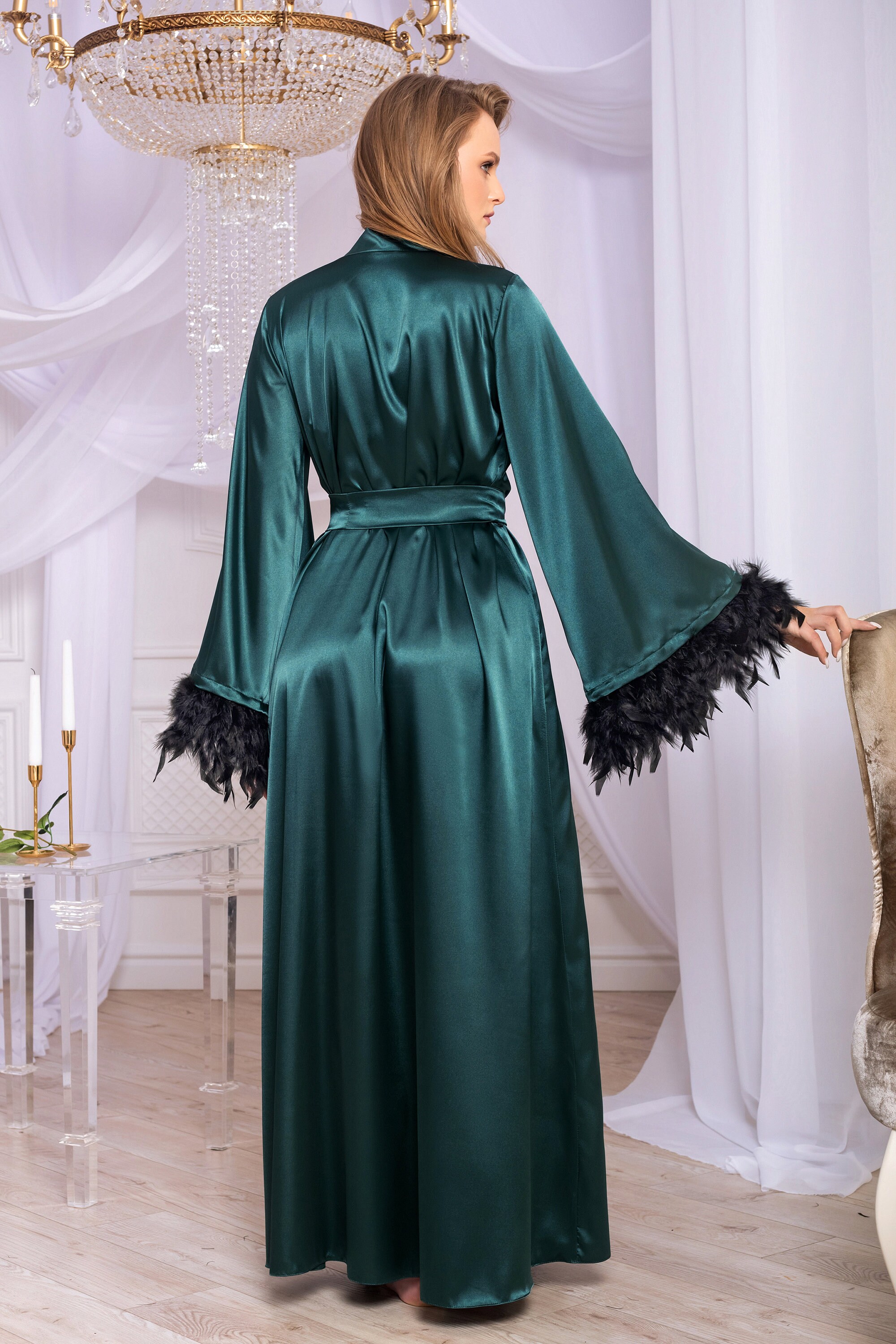 Full Length Feather Trimmed Satin Robe for Photo Shoot Long Green ...