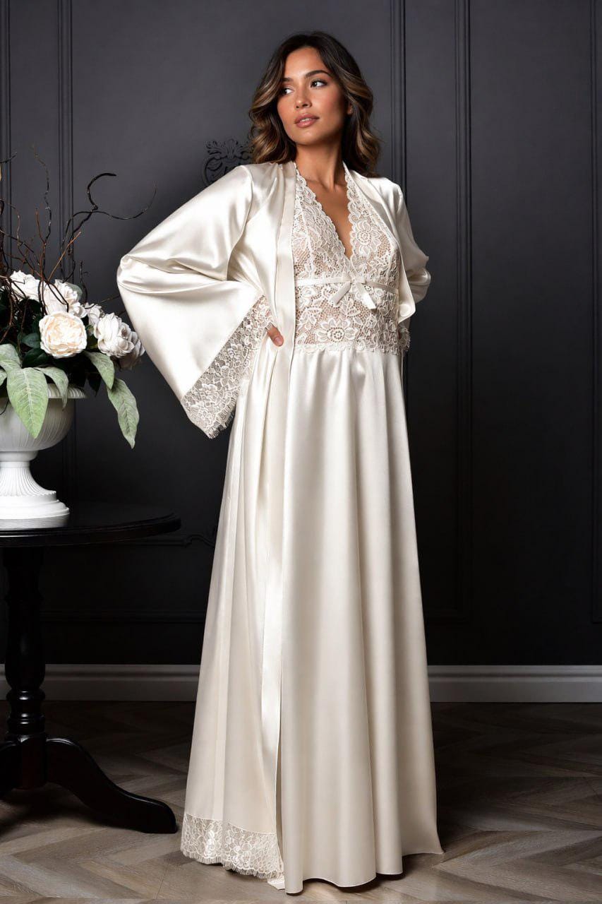 Vestaglia Kimono sexy in raso Morbidissimi con pizzo Avorio R110 J648