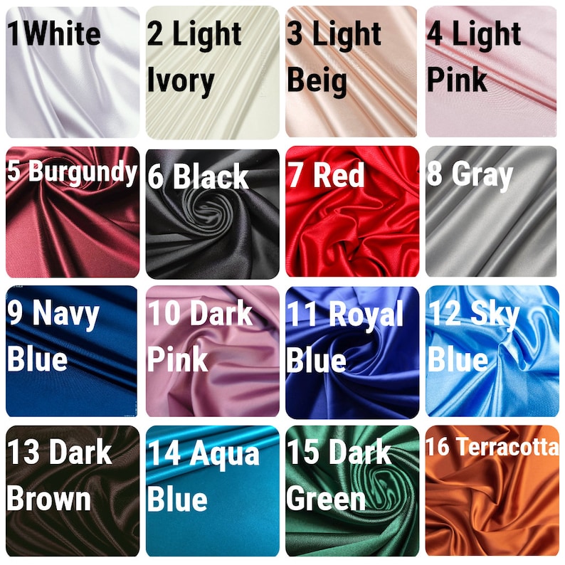 May include: A color chart of 16 different fabric swatches. The swatches are arranged in a 4x4 grid. The swatches are labeled with numbers 1 through 16 and the corresponding color names. The colors include white, ivory, beige, pink, burgundy, black, red, gray, navy blue, dark pink, royal blue, sky blue, dark brown, aqua blue, dark green, and terracotta.