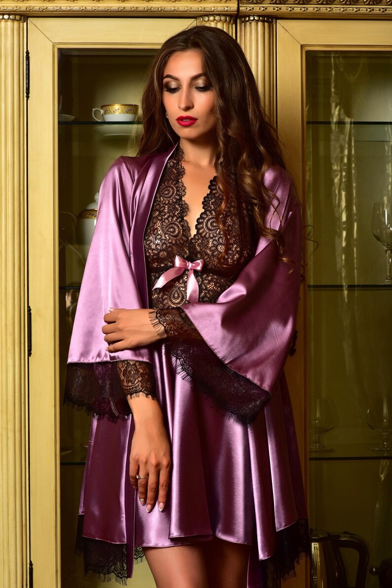 Wedding robe and gown for bride Kimono robe Bride robe Satin nightgown Bridal nightgown Satin robe Wedding night lingerie Lace dressing gown 10 with black lace