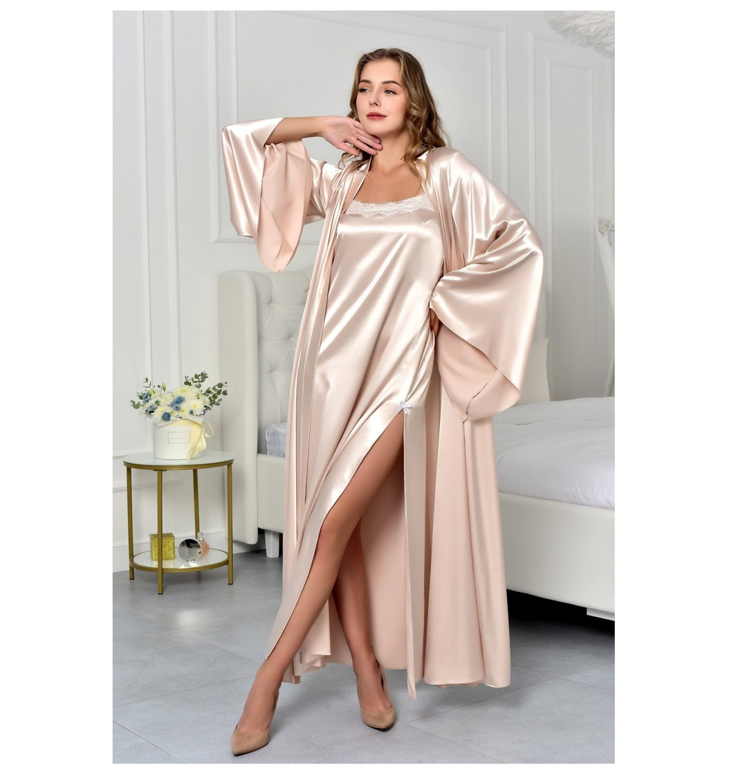 Beige Bridal Robe and Nightgown Set Long Satin Kimono and - Etsy