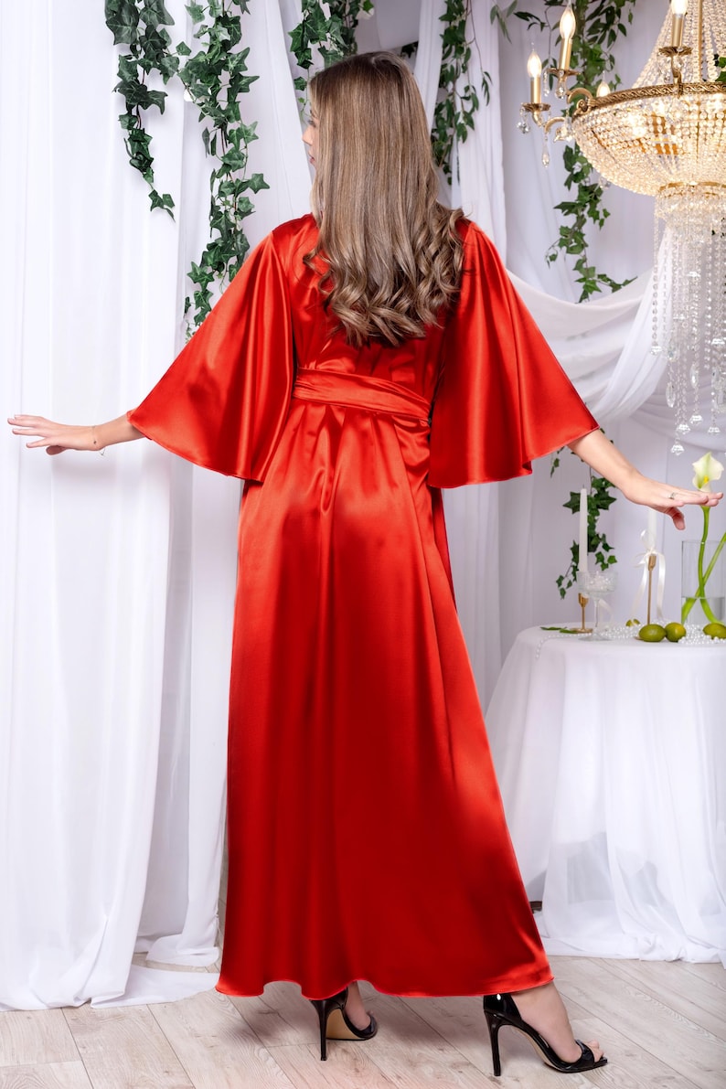 Red Satin Wedding Robe With Wide Sleeves Long Belted Kimono Bathrobe ...