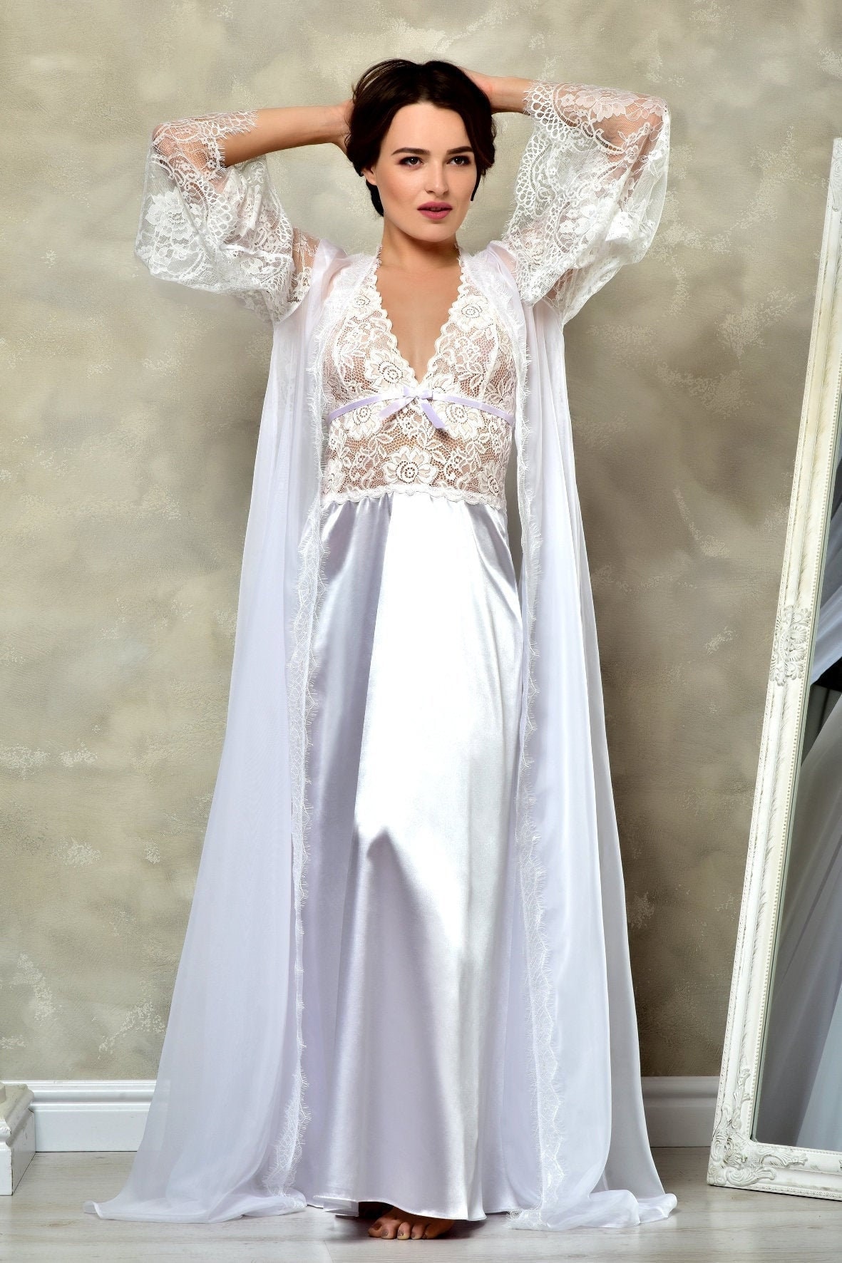 White Bridal Satin Peignoir Set Long Lace Robe And Nightgown Etsy Uk