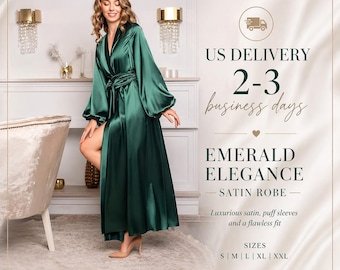 Roupão longo quimono de cetim verde esmeralda, roupão luxuoso com mangas bufantes, pronto para envio dos EUA, roupão para madrinha, presente elegante para relaxar.