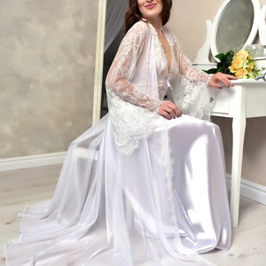 White Bridal Satin Peignoir Set Long Lace Robe and Nightgown Bridal ...