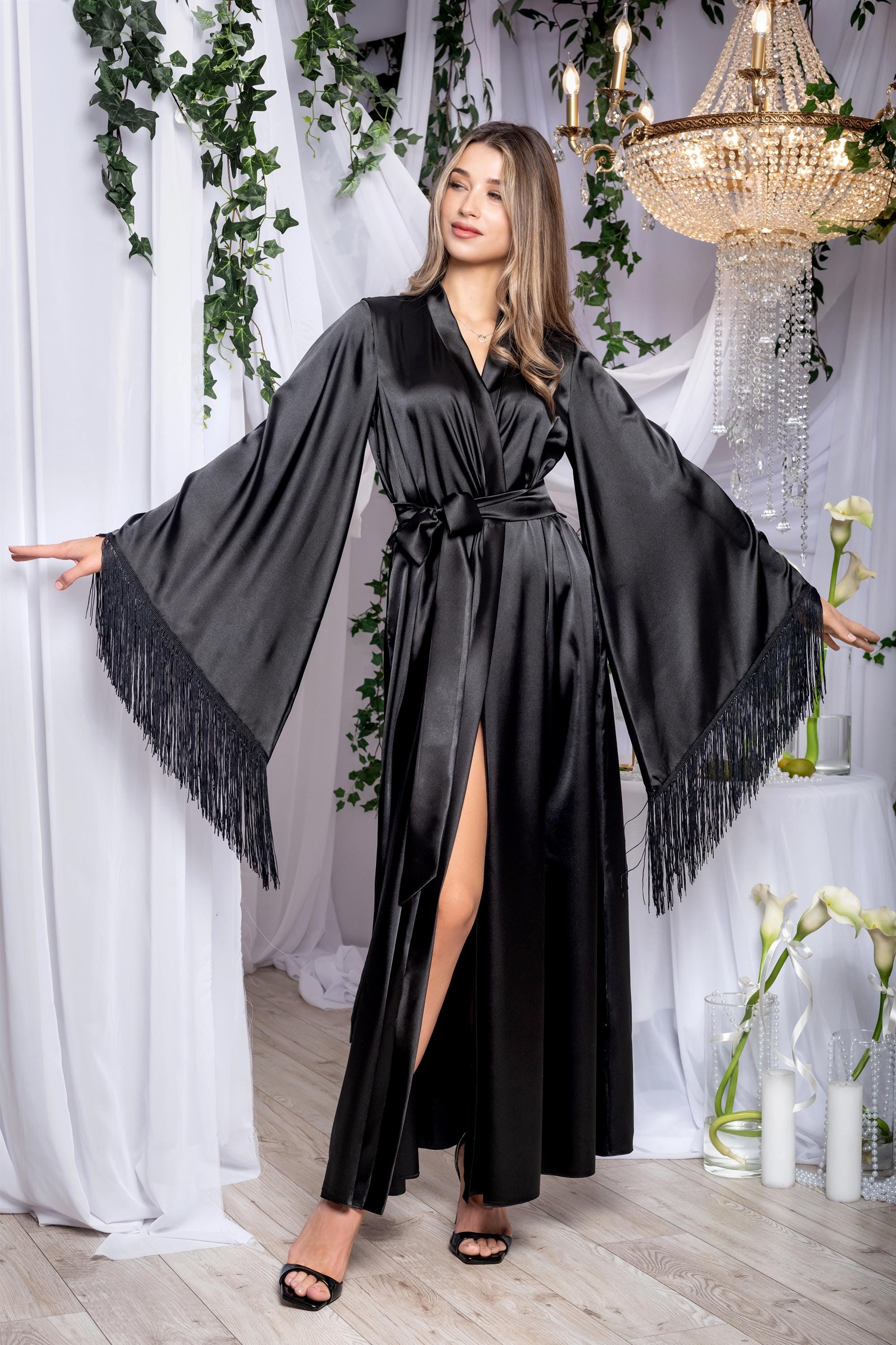 Black Fringed Kimono Long Bridal Robe With Fringe Satin Bridesmaid