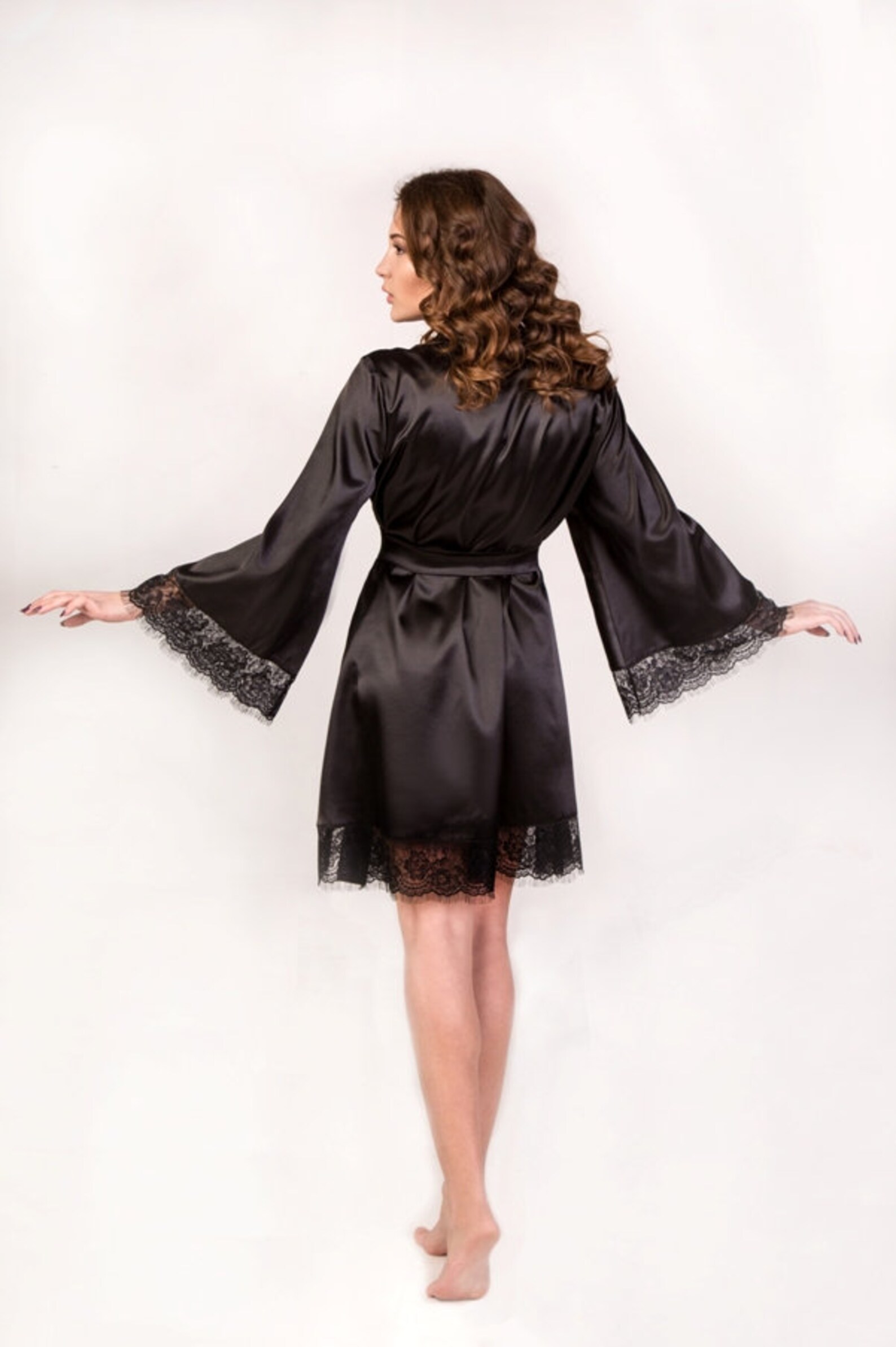 Black Satin Robe Bridesmaid Robe Kimono Robe Black Lace Robe Etsy Canada