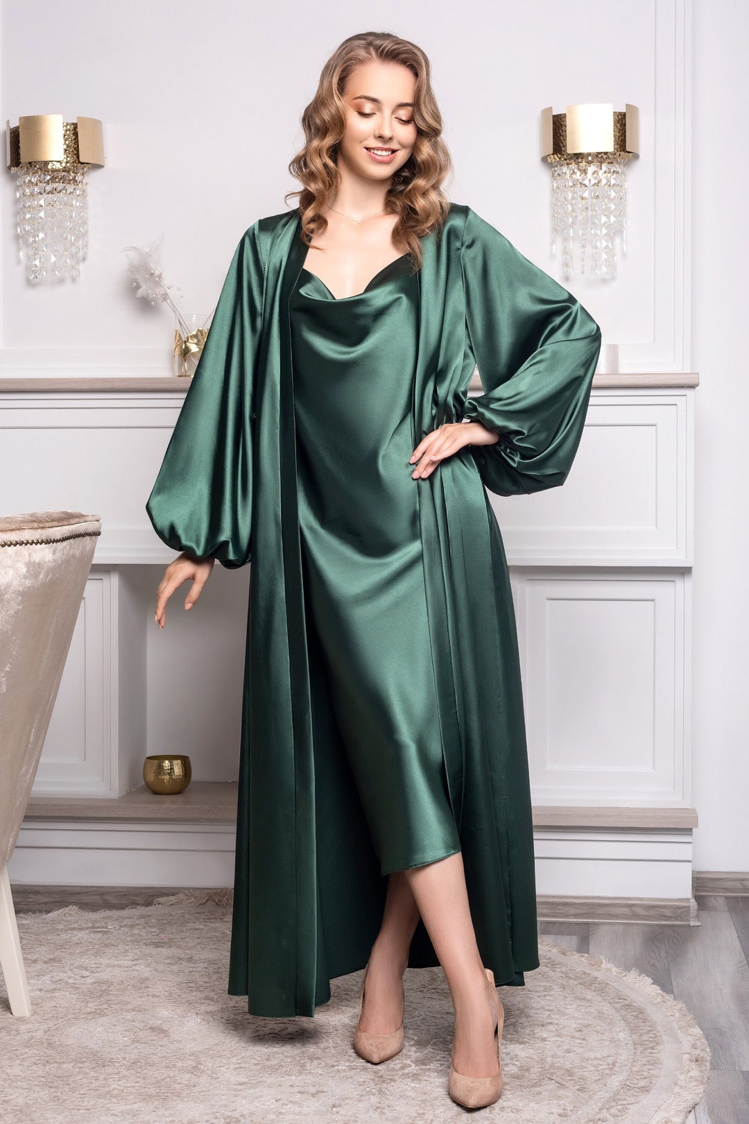 Green Satin Nightgown and Robe Set Long Peignoir Set Large Size