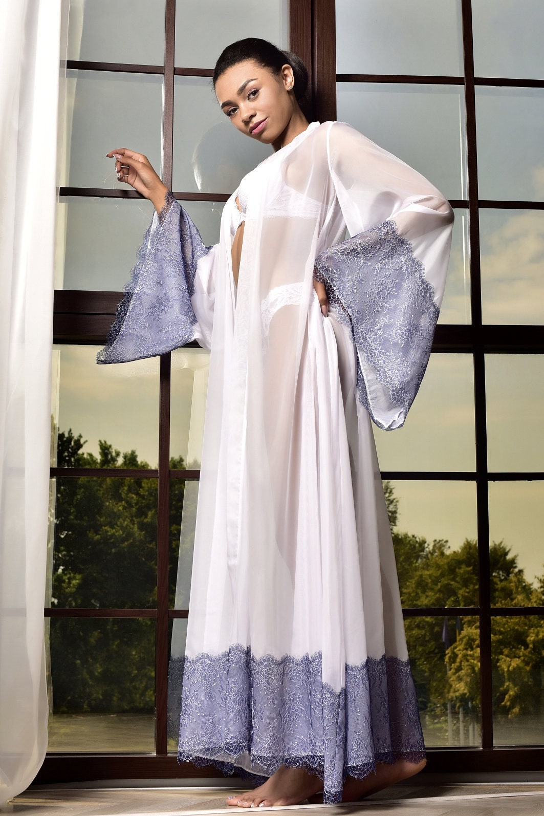 White Long Bridal Robe Sheer Wedding 