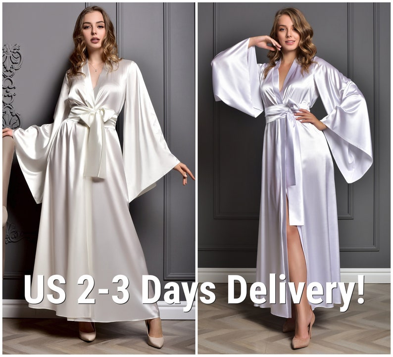 2-3 days delivery in US Long Bride Robe Ivory and White maxi satin robes bridal kimono shower gift image 1