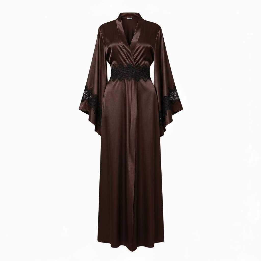 Luxious Vestaglia Da Donna In Raso Con Pizzo – Kimono Lungo Svasato, Morbido Come Seta, Per Damigelle E Matrimoni