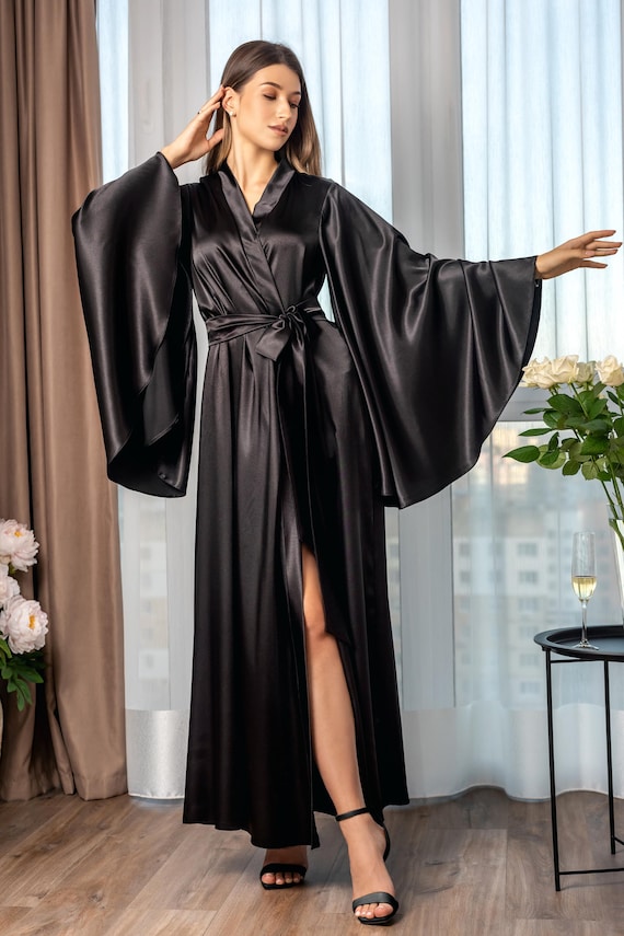 long black dressing gown Black Feather Bridal Robe: Long Silk Dressing Gown, Bridal Lingerie