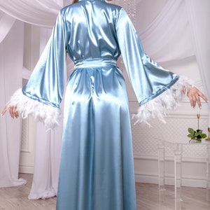 Blue Boudoir Robe With Feather Trim Satin Long Maternity Dressing Gown ...