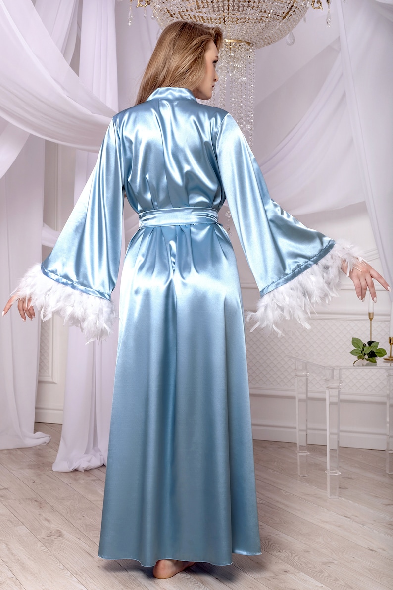Blue Boudoir Robe With Feather Trim Satin Long Maternity Dressing Gown ...