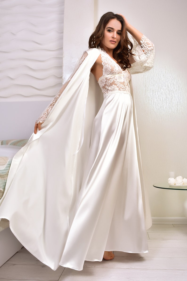 Buy White Long Bridal Robe and Nightgown Set Satin Lace Peignoir Online ...