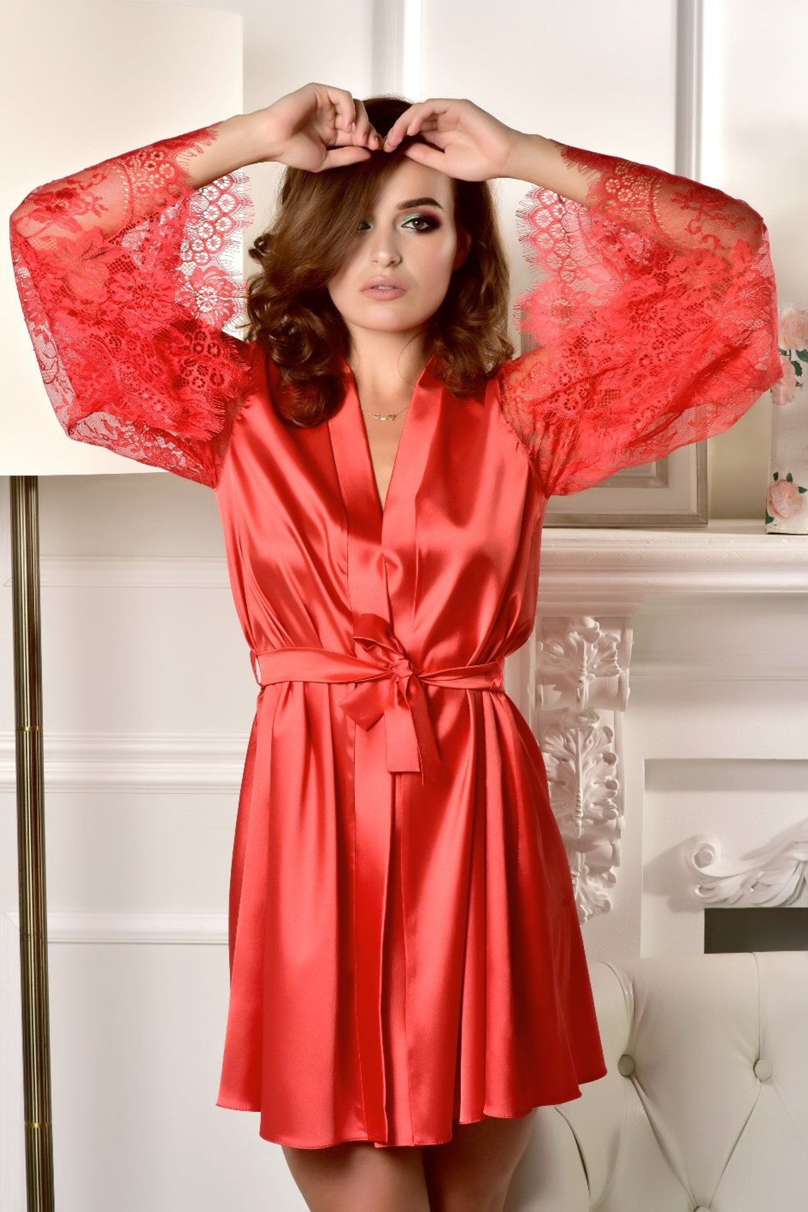 Red Robe With Lace Sleeves Bridesmaid Robe Kimono Robe Bride | Etsy