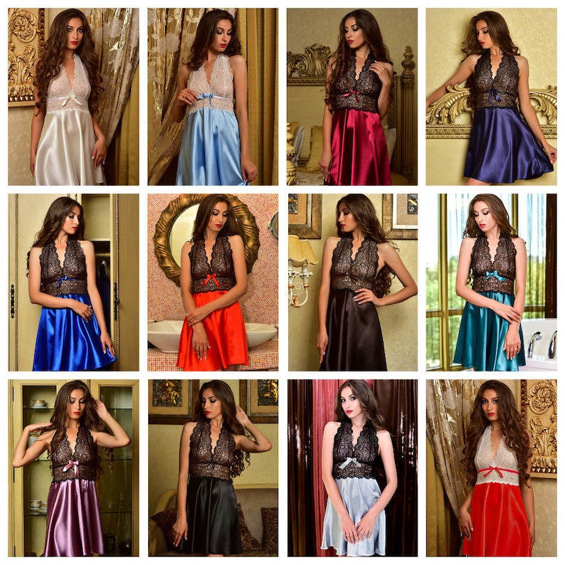 May include: A collage of twelve images featuring women wearing different styles of satin and lace nightgowns. The nightgowns are in various colors, including blue, red, black, white, and teal.