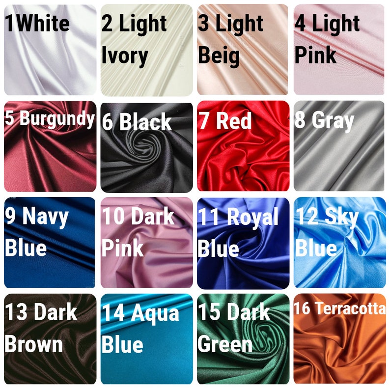 May include: A color chart of 16 different fabric swatches. The swatches are arranged in a 4x4 grid. The swatches are labeled with numbers 1 through 16 and the corresponding color names. The colors include white, ivory, beige, pink, burgundy, black, red, gray, navy blue, dark pink, royal blue, sky blue, dark brown, aqua blue, dark green, and terracotta.
