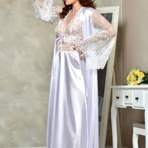 White Long Bridal Robe and Nightgown Set Satin Lace Peignoir Set Bridal ...