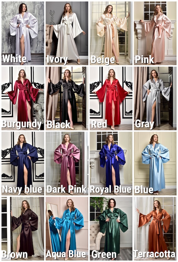 Long Blue Satin Bridal Robe Maxi Kimono Robe for Bride Floor