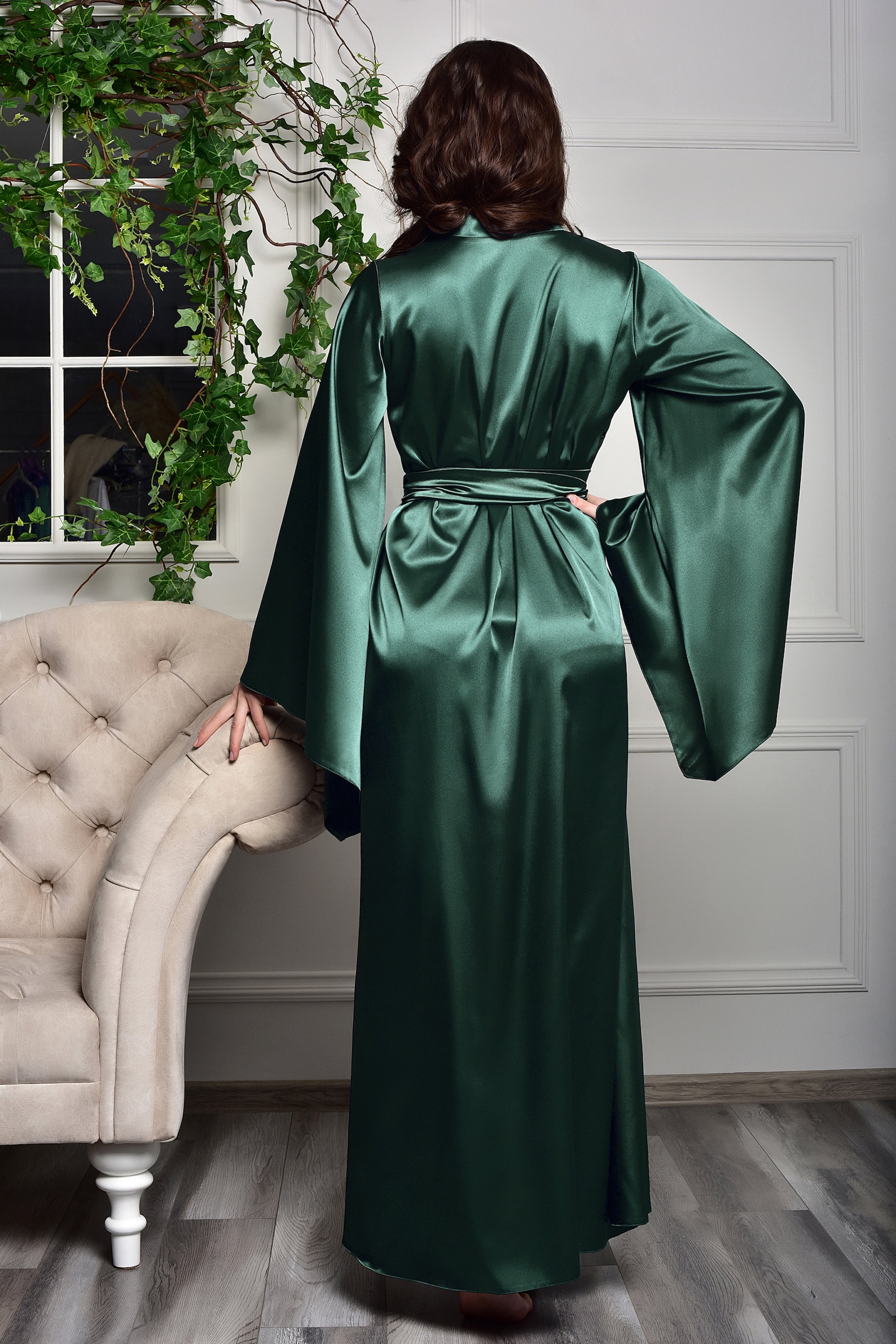 Emerald green bridal robe Long satin kimono Maxi bridesmaid Etsy