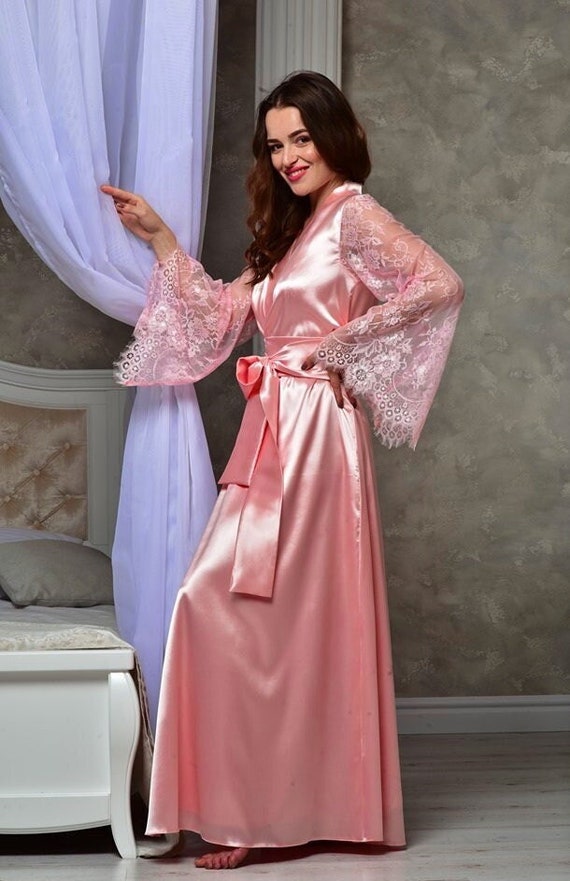 Long Blush Pink Wedding Kimono Robe Lace Bridal Robe Bridal Maxi