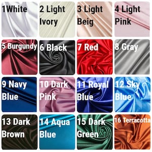 May include: A swatch card showing 16 different colors of satin fabric. The colors are: white, light ivory, light beige, light pink, burgundy, black, red, gray, navy blue, dark pink, royal blue, sky blue, dark brown, aqua blue, dark green, and terracotta.