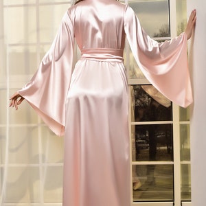 Long pink bridal robe for bride Maxi satin kimono robe for women Bridal shower gift for daughter Floor length dressing gown Bridesmaid robe image 2