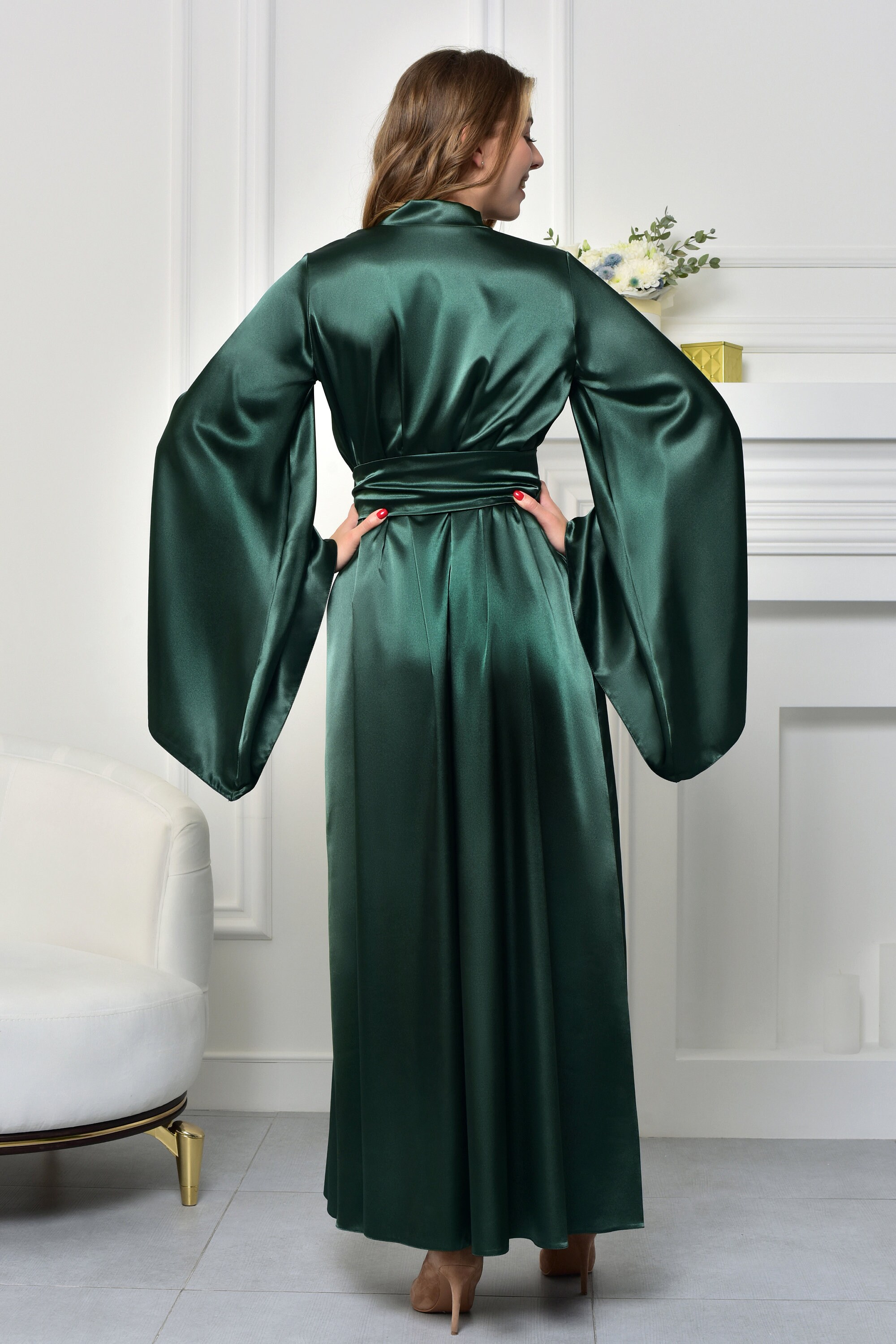 Emerald Green Bridal Robe Long Satin Kimono Maxi Bridesmaid Dressing ...