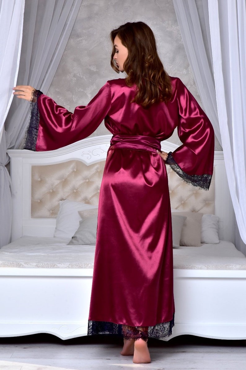 Burgundy kimono bride robe Long bridal robe with lace Satin dressing gown Long robes for women Wife christmas gift Wedding robes for bride image 3