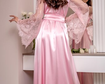 Accappatoio Da Donna Kimono In Raso Lungo Con Scollo A V - Vestaglia Elegante Morbida Per Matrimonio, Festa Di Addio Al Nubilato, Pigiama Party, Preparativi Sposa - Taglia S, Colore Rosso Vino