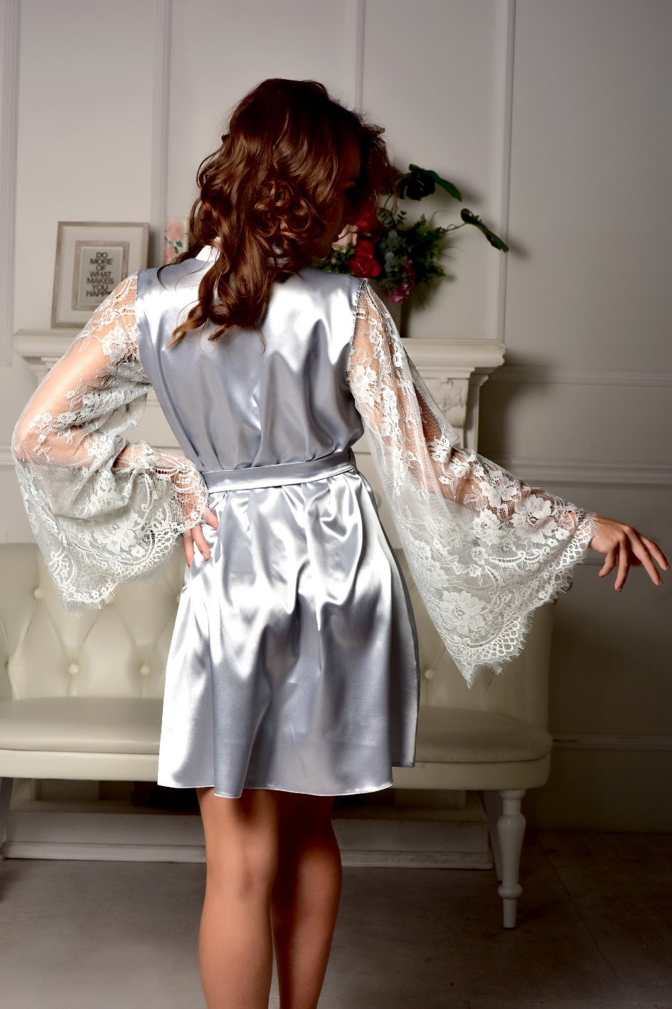 Bridesmaid robe Robe with lace sleeves Kimono robe Wedding Etsy