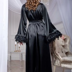 Black Satin Feather Robe for Photo Shoot Long Boudoir Kimono Robe for ...