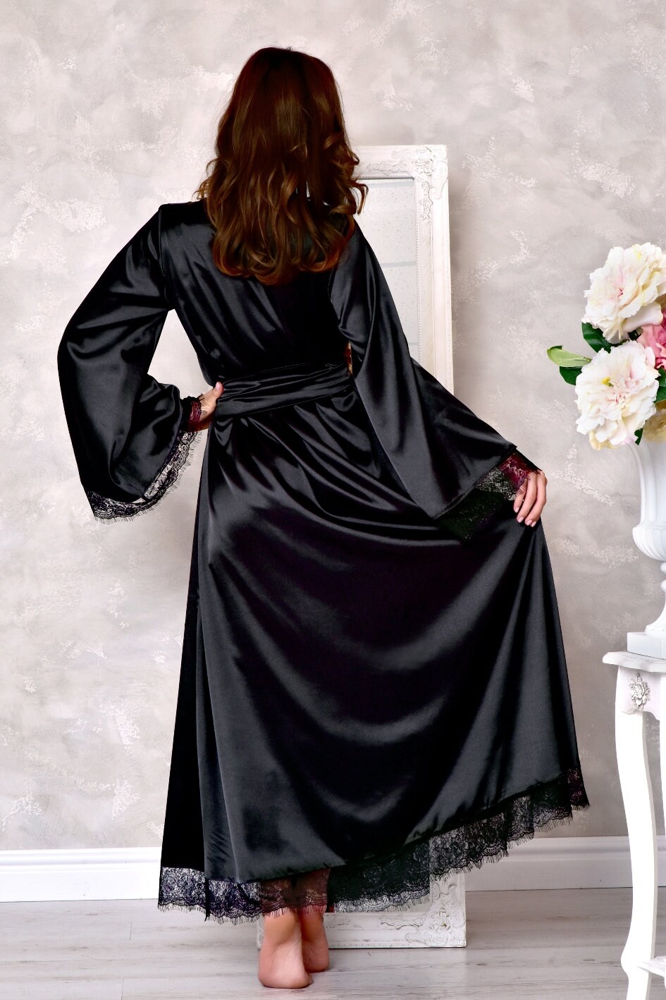 Black Long Dressing Gown Kimono Robe 
