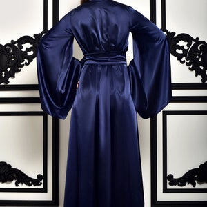 Navy Blue Boudoir Robe Long Satin Kimono Robe Floor Length Bride Robe ...