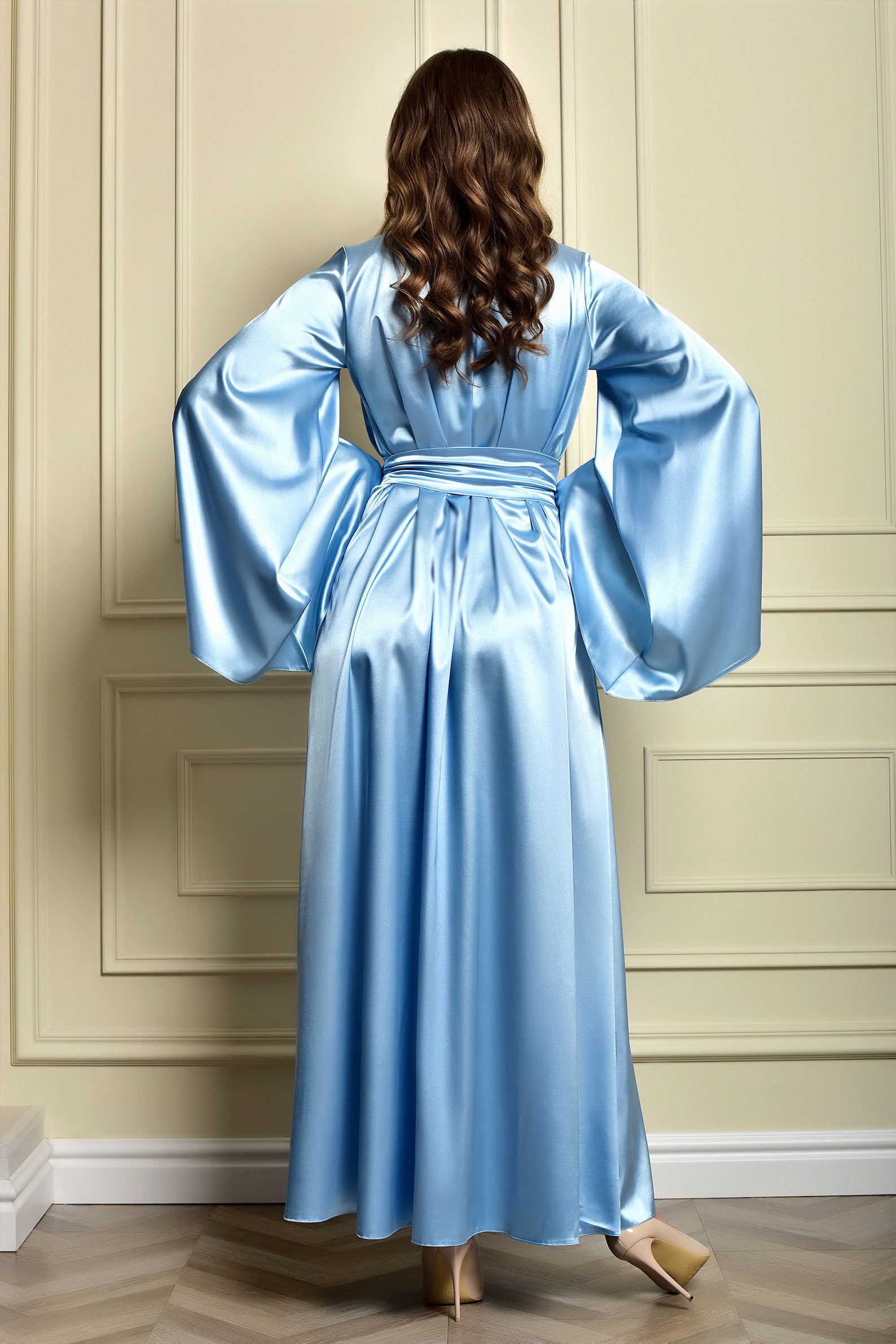 Blue Robe Dress Long Blue Satin Bridal Robe Maxi Kimono Robe for Bride Floor Length ...