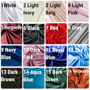 May include: A color chart of 16 different fabric swatches. The swatches are arranged in a 4x4 grid. The swatches are labeled with numbers 1 through 16 and the corresponding color names. The colors include white, ivory, beige, pink, burgundy, black, red, gray, navy blue, dark pink, royal blue, sky blue, dark brown, aqua blue, dark green, and terracotta.