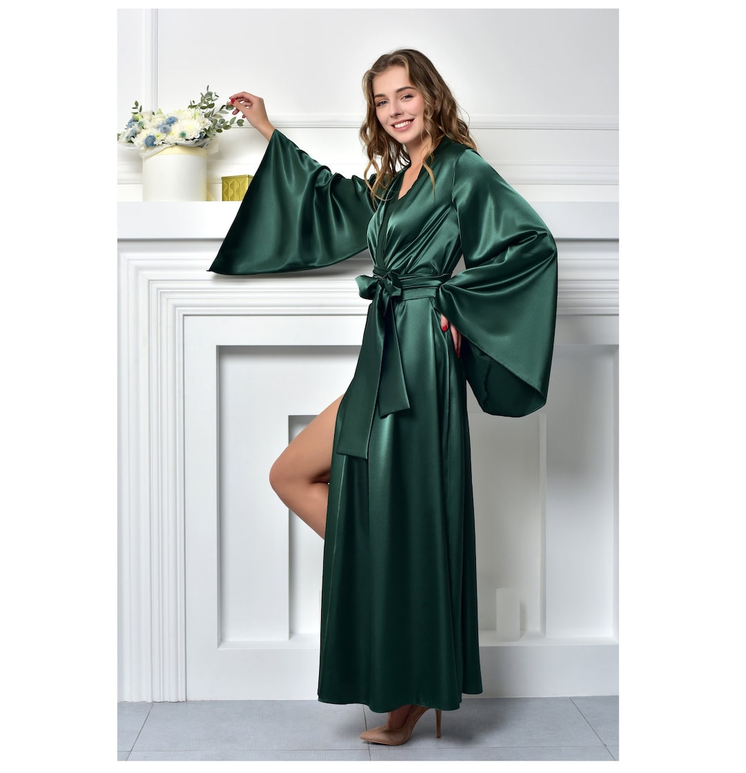 Emerald Green Bridal Robe Long Satin Kimono Maxi Bridesmaid Dressing