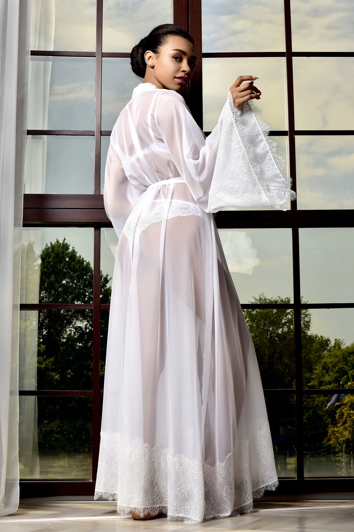 Floor Length White Bridal Robe Long Bride Chiffon Kimono Robe Maxi ...