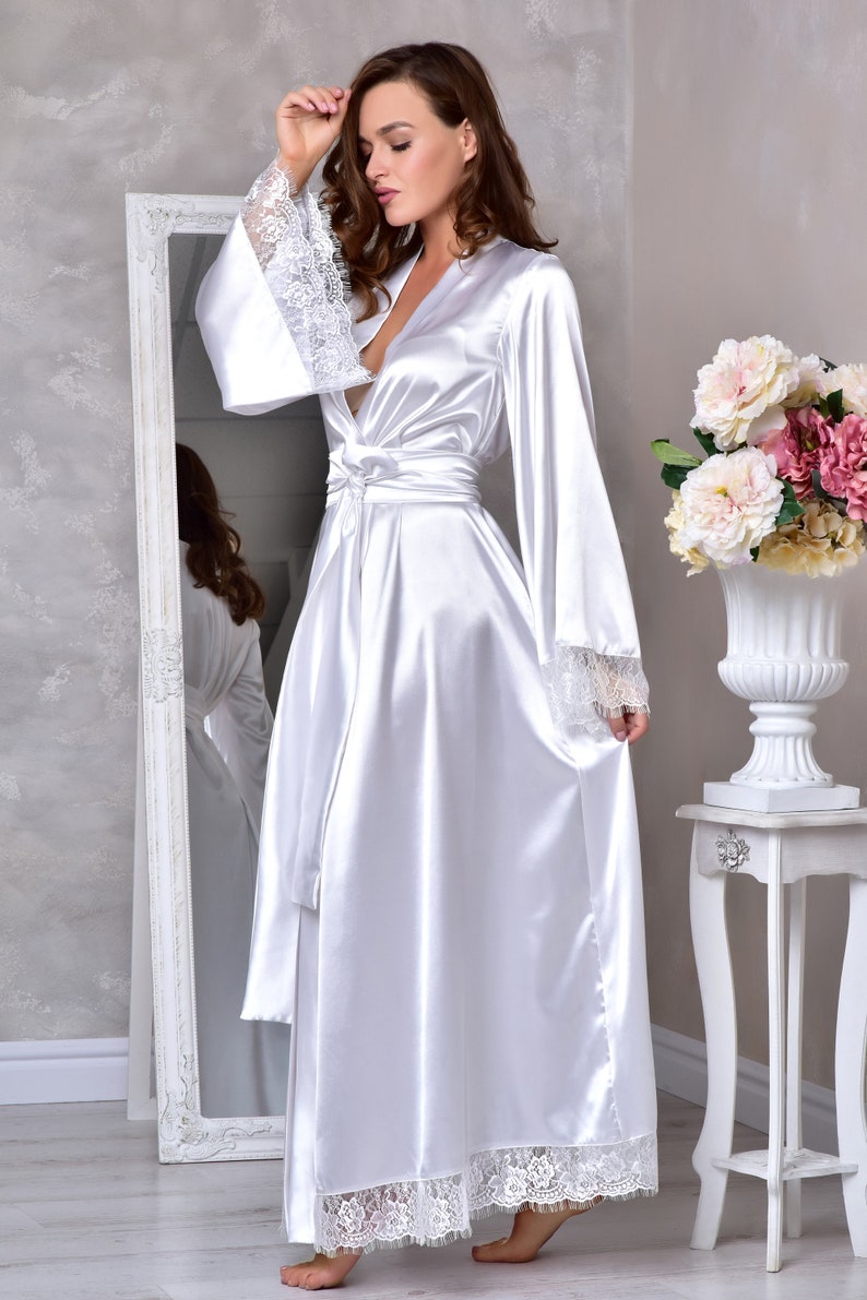 Green long satin bridal robe Maxi kimono robes for women Bridesmaid gift Floor length bride dressing gown Bridal shower gift for sister 1 with white lace