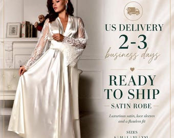 2-3 days delivery in US! Long Bridal Robes Sizes from XS to XXL Ivory and White satin robes for bride with long lace sleeves