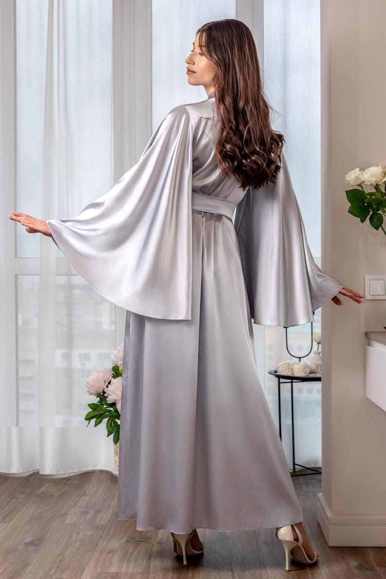 Full Robe Full Length Bridal Robe Long Kimono Boudoir Dressing Gown Satin Wide ...